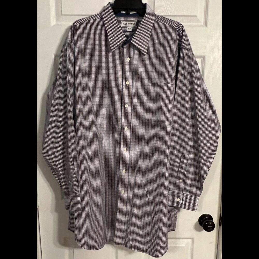 Paul Fredrick men's plaid orange & blue button down size 18.5-35 non iron 